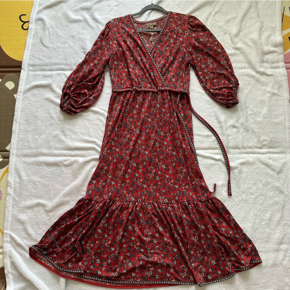 Max Studio Red Floral Faux Wrap Dress, Medium